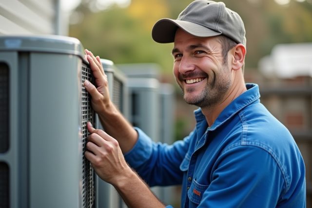 Smiling HVAC technician performing maintenance on a condenser unit