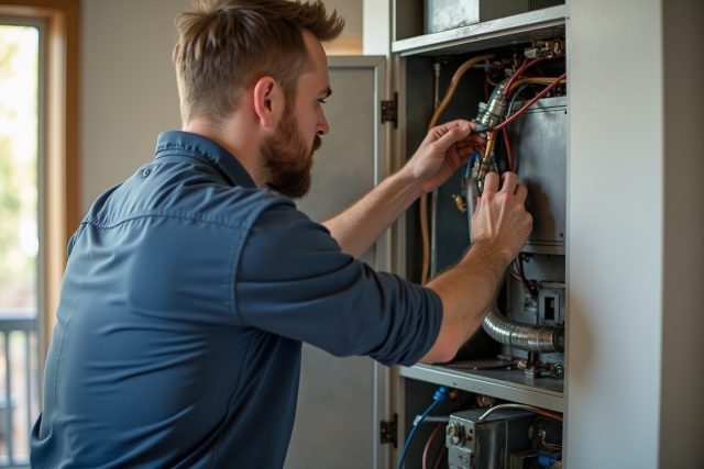 HVAC technician inspecting a furnace inside a home