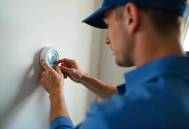 Technician adjusting a thermostat