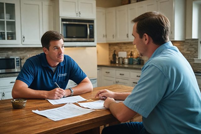 Technician discussing a quote with a homeowner at the kitchen table