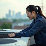 Technician looking over outdoor air conditioning unit