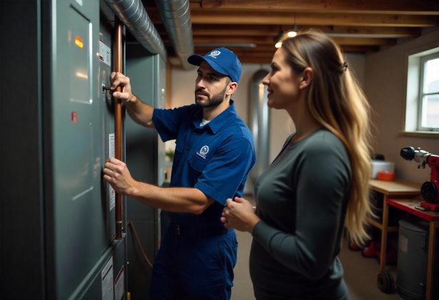 HVAC technician reviewing a furnace with a customer