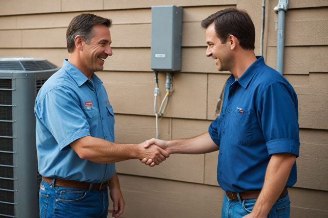 Technician shaking hands with homeowner next to HVAC system