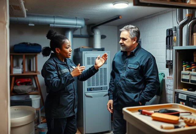 A professional female HVAC technician demonstrating furnace features to a male homeowner in a well-lit basement, surrounded by HVAC equipment and tools, with soft overhead lighting.