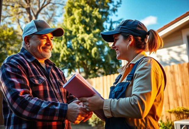 Satisfied homeowner reviewing contractor's work