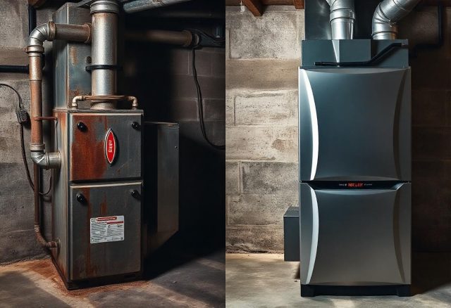 A side-by-side comparison of an old, worn-out furnace with visible rust and dents on the left, and a new, high-efficiency furnace with a shiny metallic finish and sleek design on the right, both set in a dimly lit basement with concrete walls.