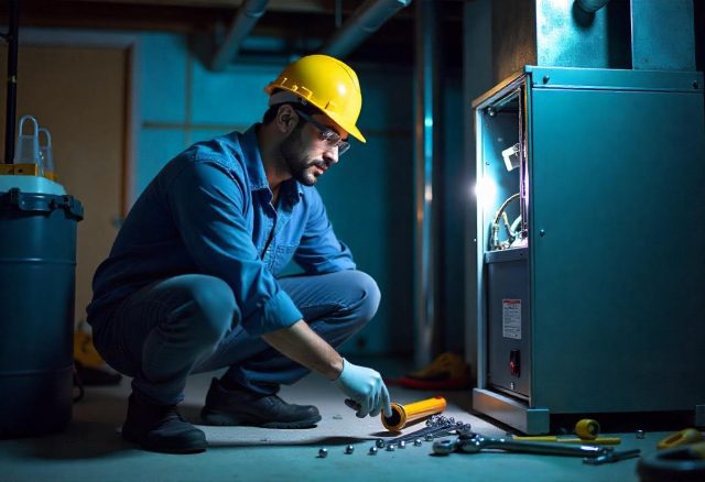 Technician installing furnace with tools lying around him